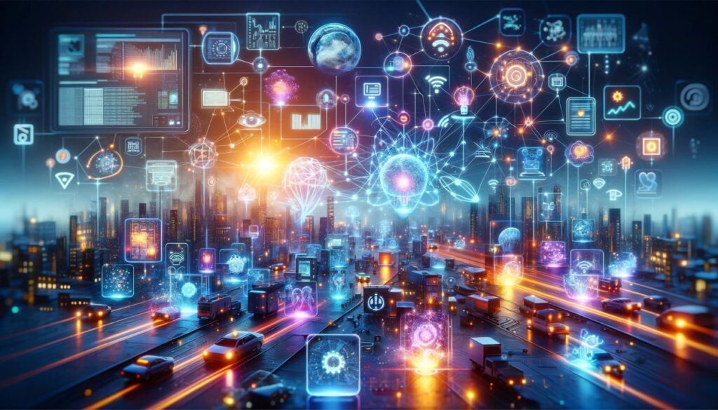 Illustration of a city at night, its buildings and vehicles linked by a glowing network of connected devices