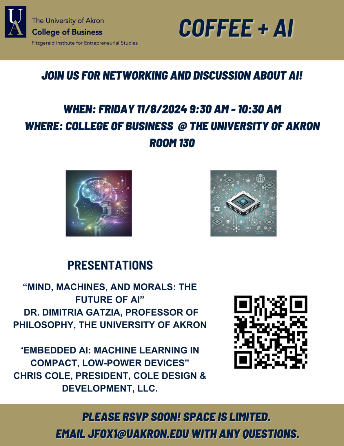 Flyer for Coffee + AI at the University of Akron College of Business on November 8, 2024, listing Chris Cole's talk, Embedded AI: Machine Learning in Compact, Low-Power Devices